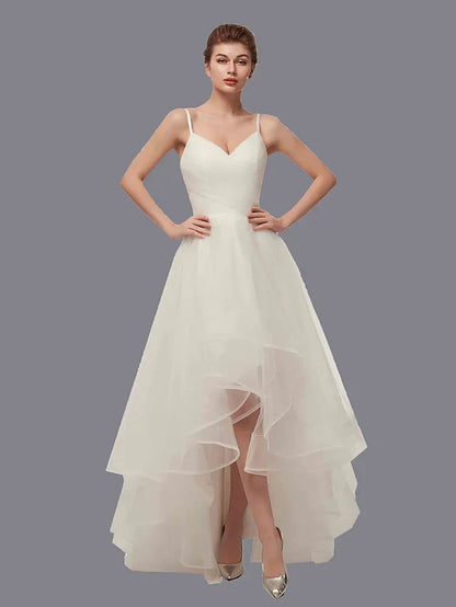 A-Line  Evening Dress  Wedding Dresses V Neck Asymmetrical Tulle Spaghetti Strap Simple Casual Little White Dress with Side-Draped