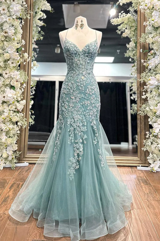 Mermaid Spaghetti Straps Light Green Corset Prom Dress With Appliques