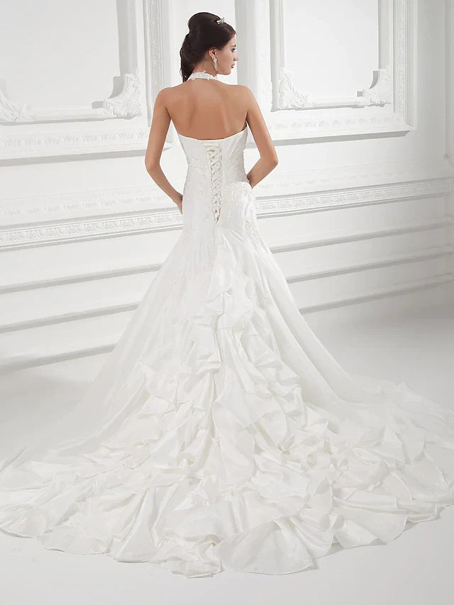 A-Line Wedding Dresses Halter Neck Court Train Taffeta Spaghetti Strap Simple Vintage Plus Size with Ruched Beading Appliques