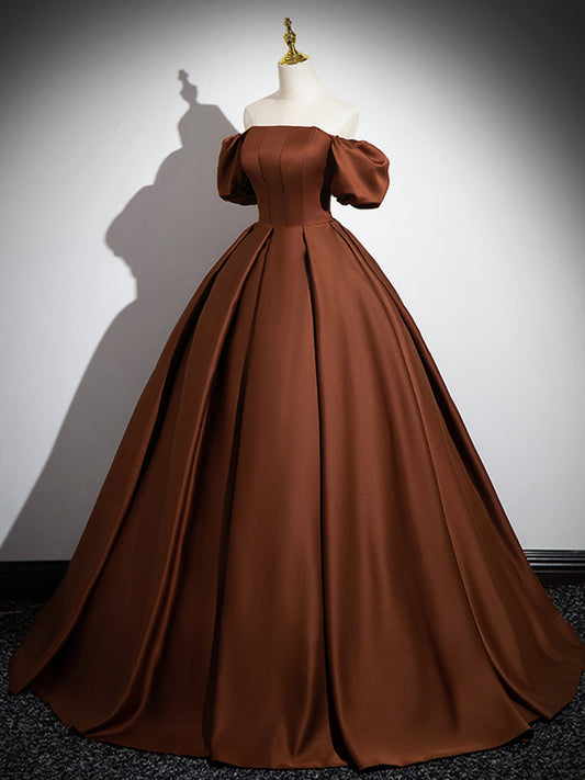 Simple Satin Brown Long Prom Dress Evening Dress Formal Dress Off Shoulder Elegant