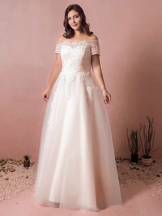 A-Line Wedding Dresses Off Shoulder Floor Length Lace Satin Tulle Short Sleeve Formal Plus Size with Lace Pearls Lace Insert