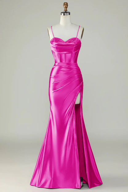 Mermaid Satin Spaghetti Straps Long Bridesmaid Dress With Slit