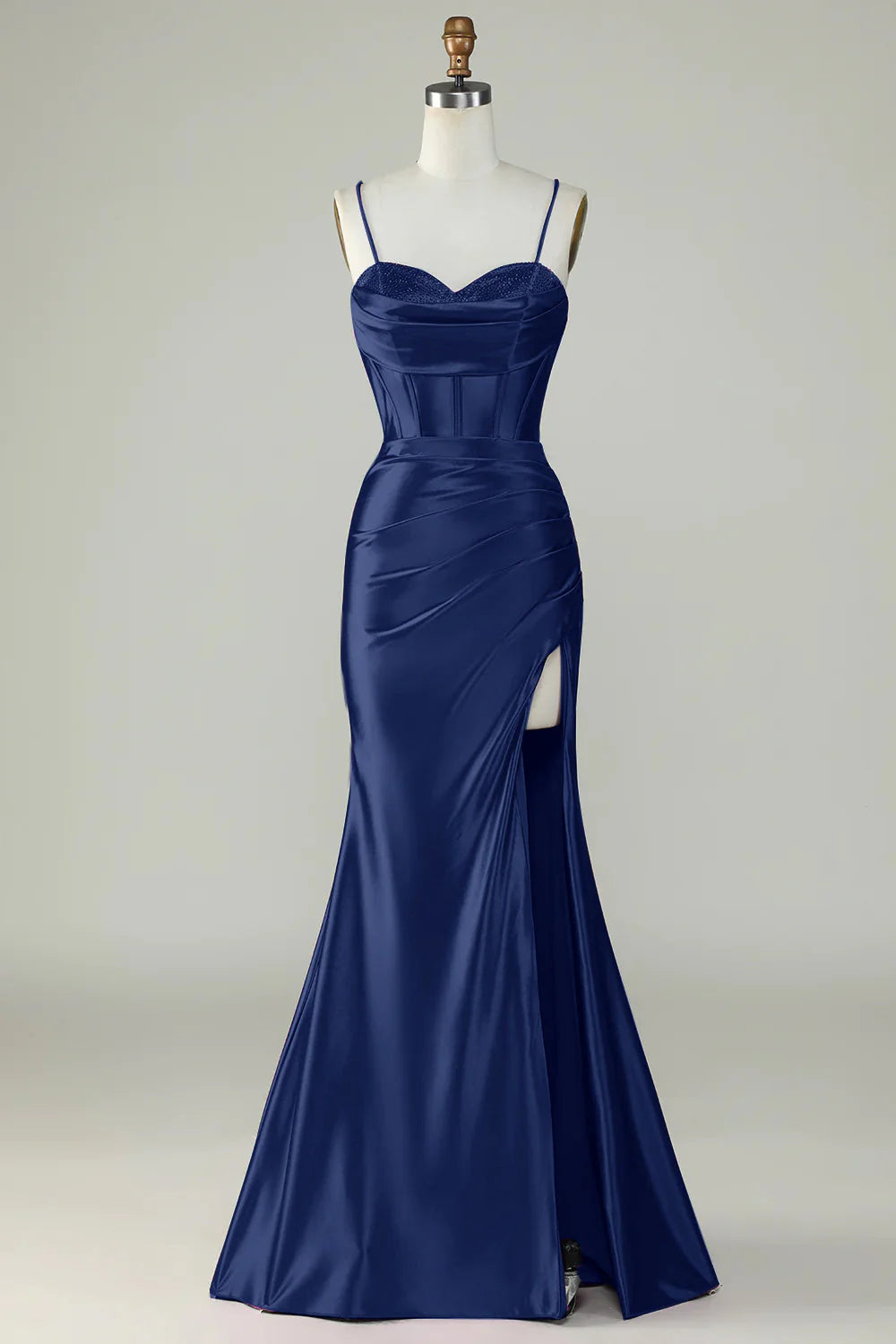 Mermaid Satin Spaghetti Straps Long Bridesmaid Dress With Slit