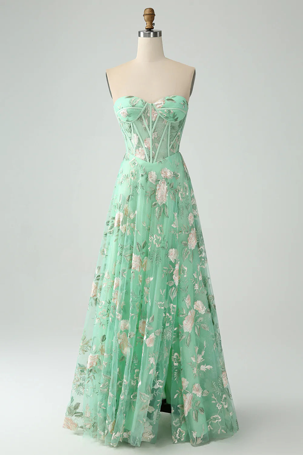 A Line Sweetheart Printed Corset Prom Dress with Slit