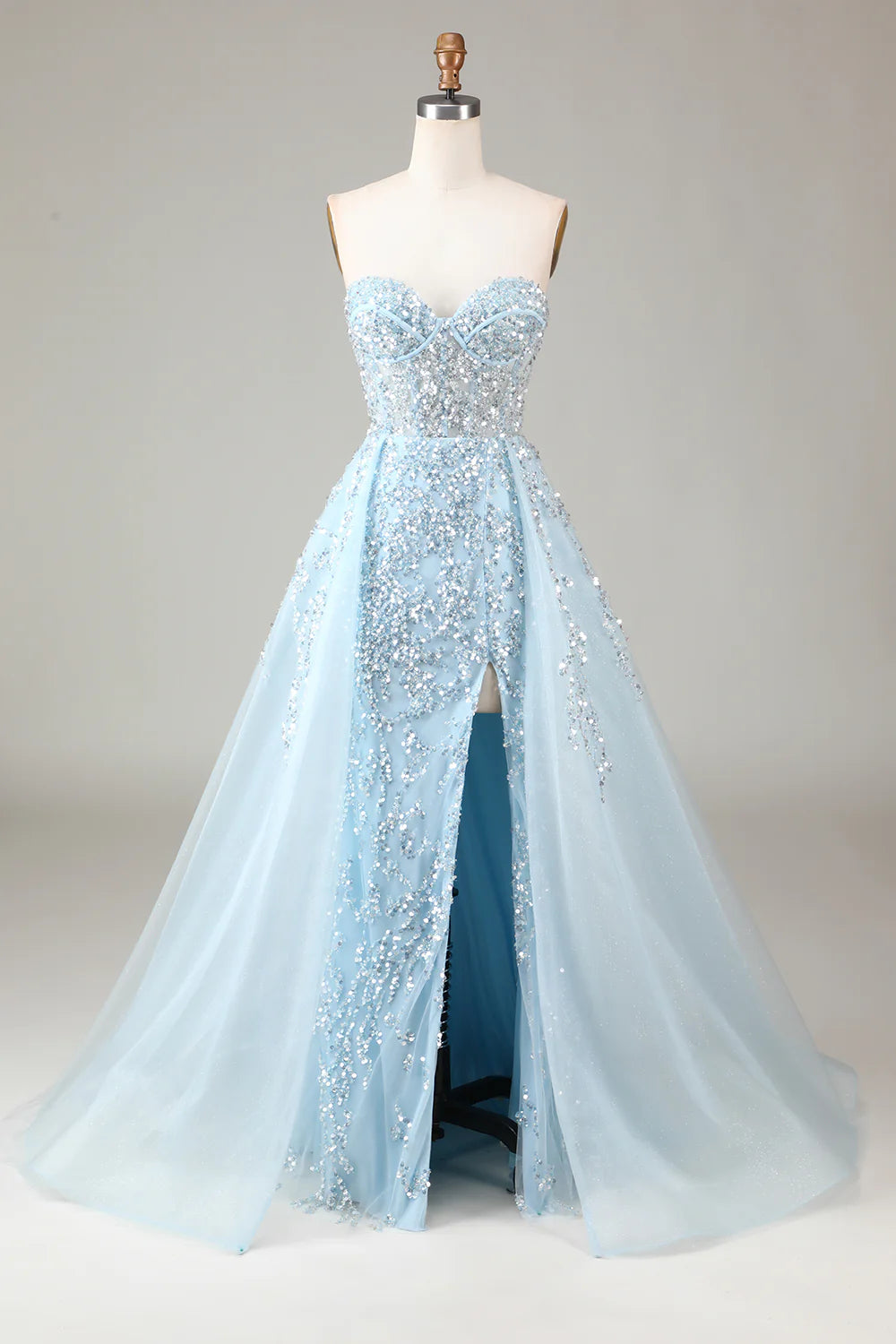 A Line Off The Shoulder Corset Blue Strapless Sequins Prom Dress with Slit