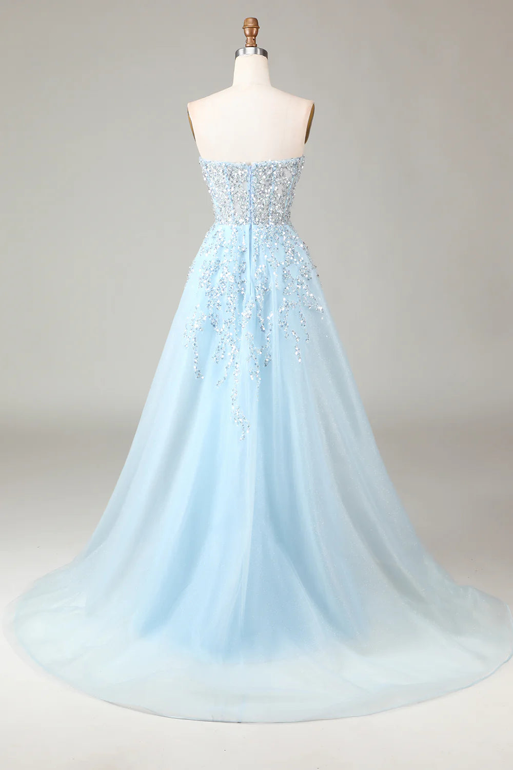 A Line Off The Shoulder Corset Blue Strapless Sequins Prom Dress with Slit