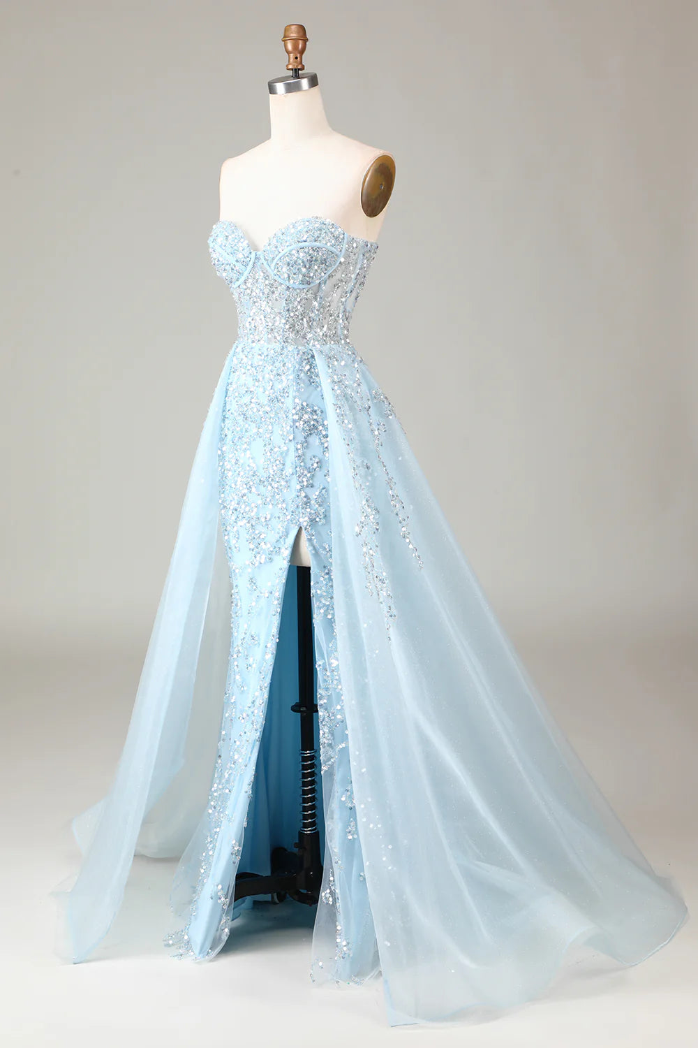 A Line Off The Shoulder Corset Blue Strapless Sequins Prom Dress with Slit