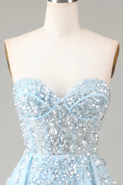 A Line Off The Shoulder Corset Blue Strapless Sequins Prom Dress with Slit