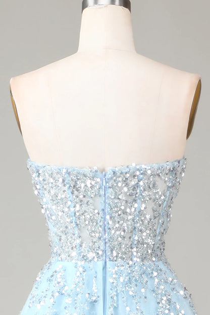 A Line Off The Shoulder Corset Blue Strapless Sequins Prom Dress with Slit