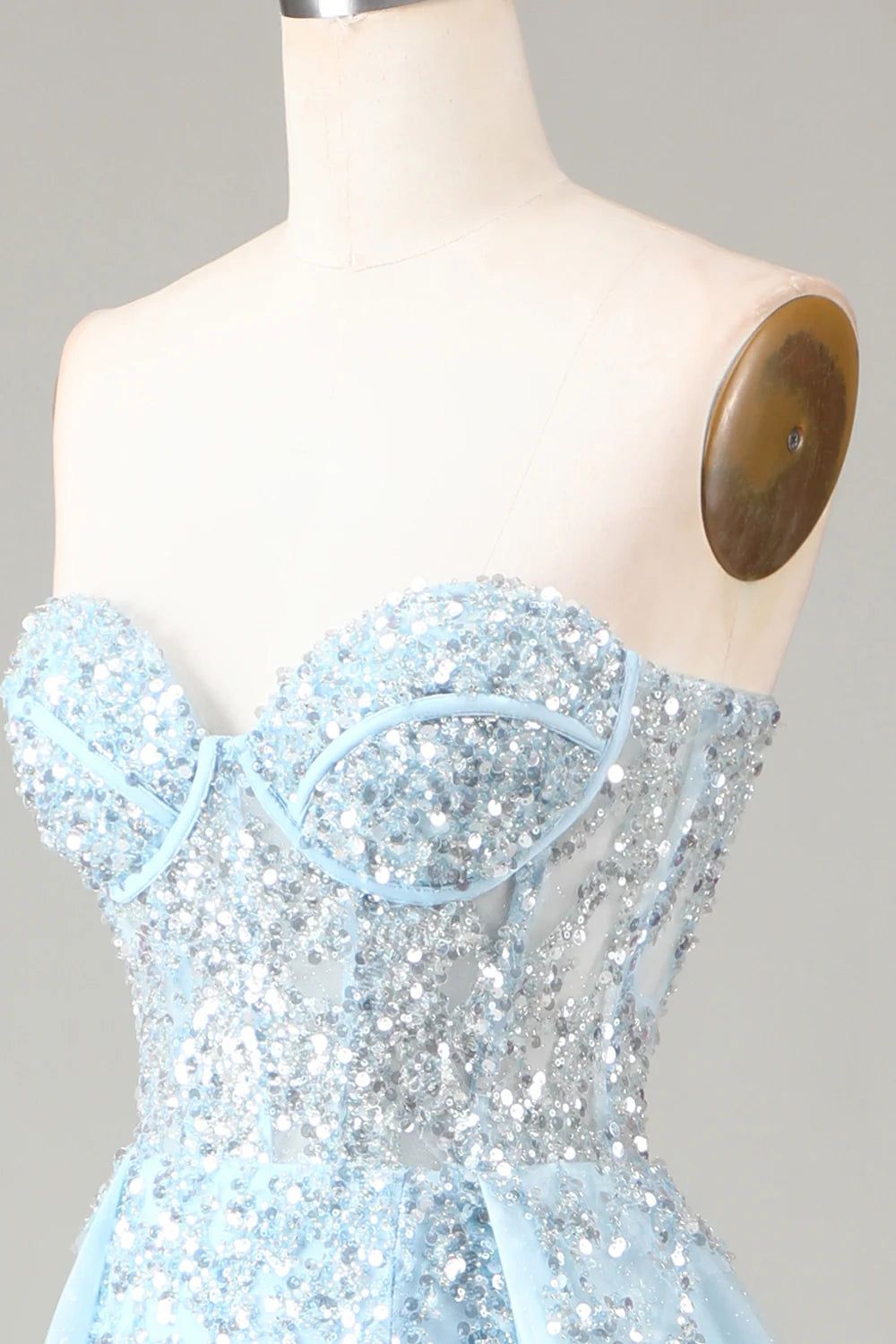 A Line Off The Shoulder Corset Blue Strapless Sequins Prom Dress with Slit