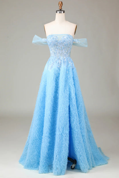 A Line Off the Shoulder Blue Princess Corset Prom Dress with Slit