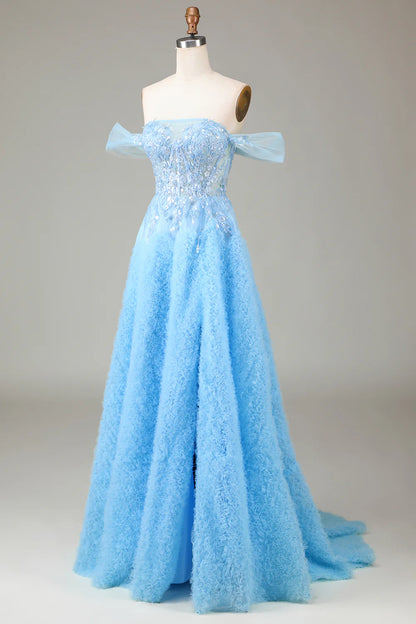 A Line Off the Shoulder Blue Princess Corset Prom Dress with Slit