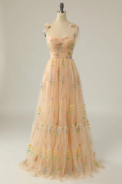 Sweetheart Champagne Embroidery Flora  Long Prom Dress