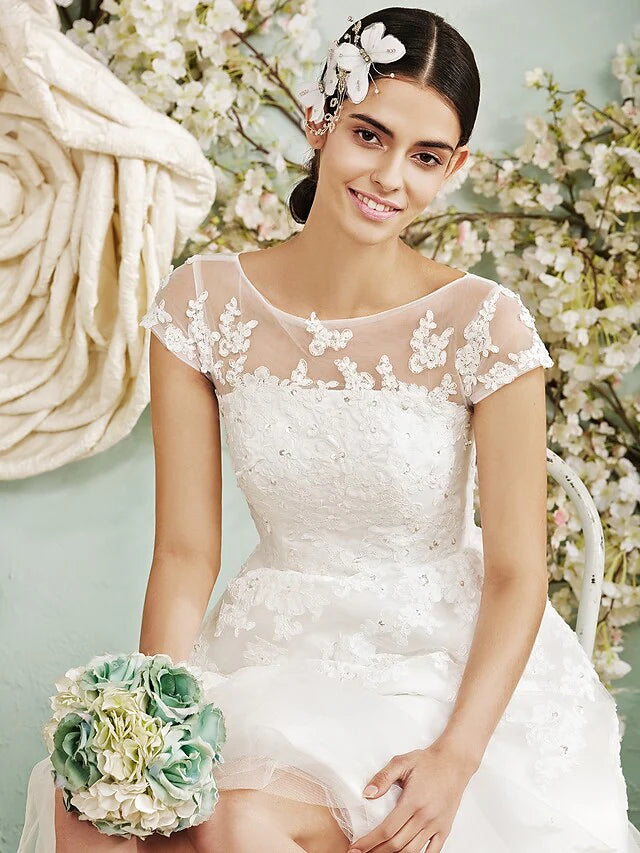 A-Line Wedding Dresses  Knee Length Chiffon Sleeveless with Appliques