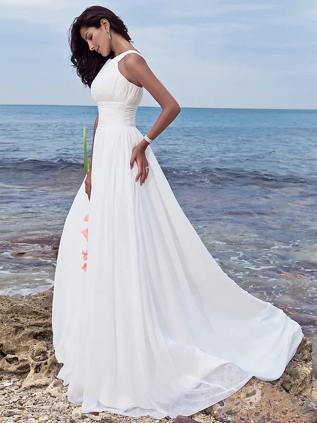 A-Line Wedding Dresses Jewel Neck Chiffon Regular Straps Formal Beach Plus Size with Ruched Draping