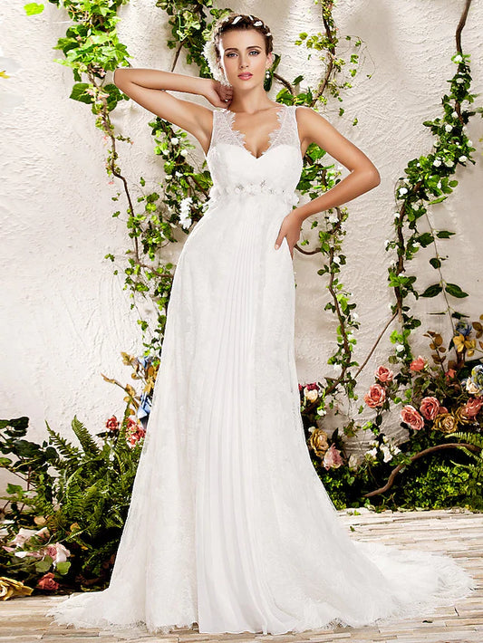 Wedding Dresses Floor Length V Neck Chapel Train Lace Sleeveless