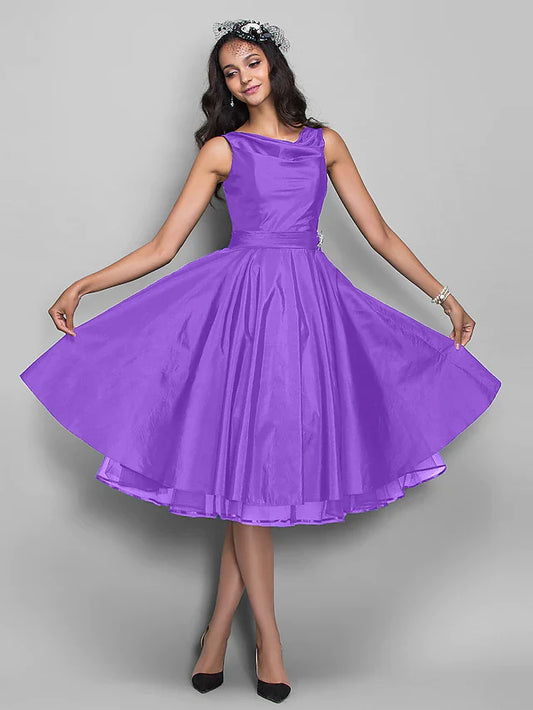 Ball Gown Cocktail Party Prom Dress V Neck Sleeveless Knee Length Taffeta with Pleats Crystals