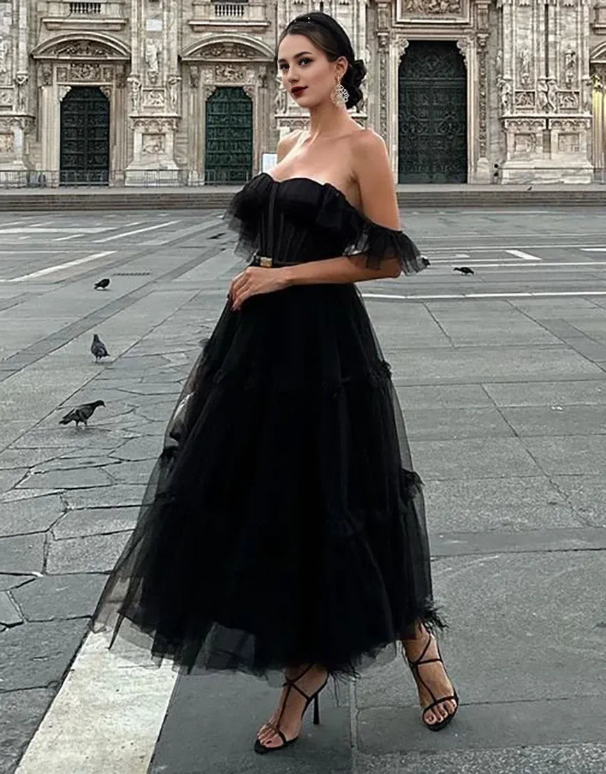 A Line Off the Shoulder Tulle Long Prom Dress