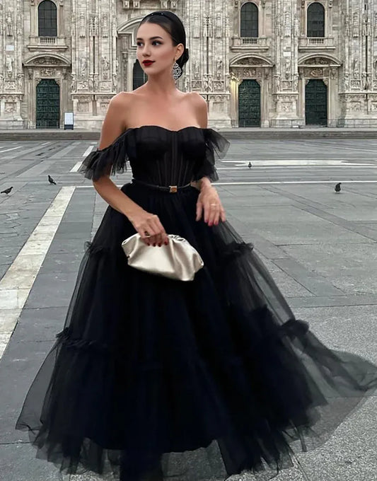 A Line Off the Shoulder Tulle Long Prom Dress