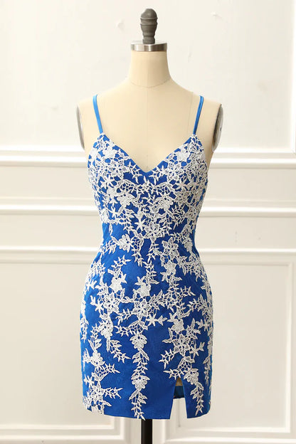 Blue Spaghetti Straps Tight Homecoming Dress With Appliques