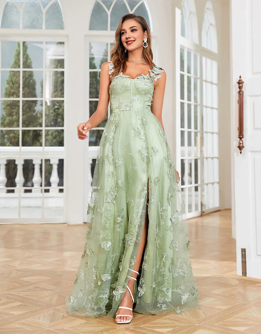 A Line Butterflies Appliques Green Long Prom Dress With Slit
