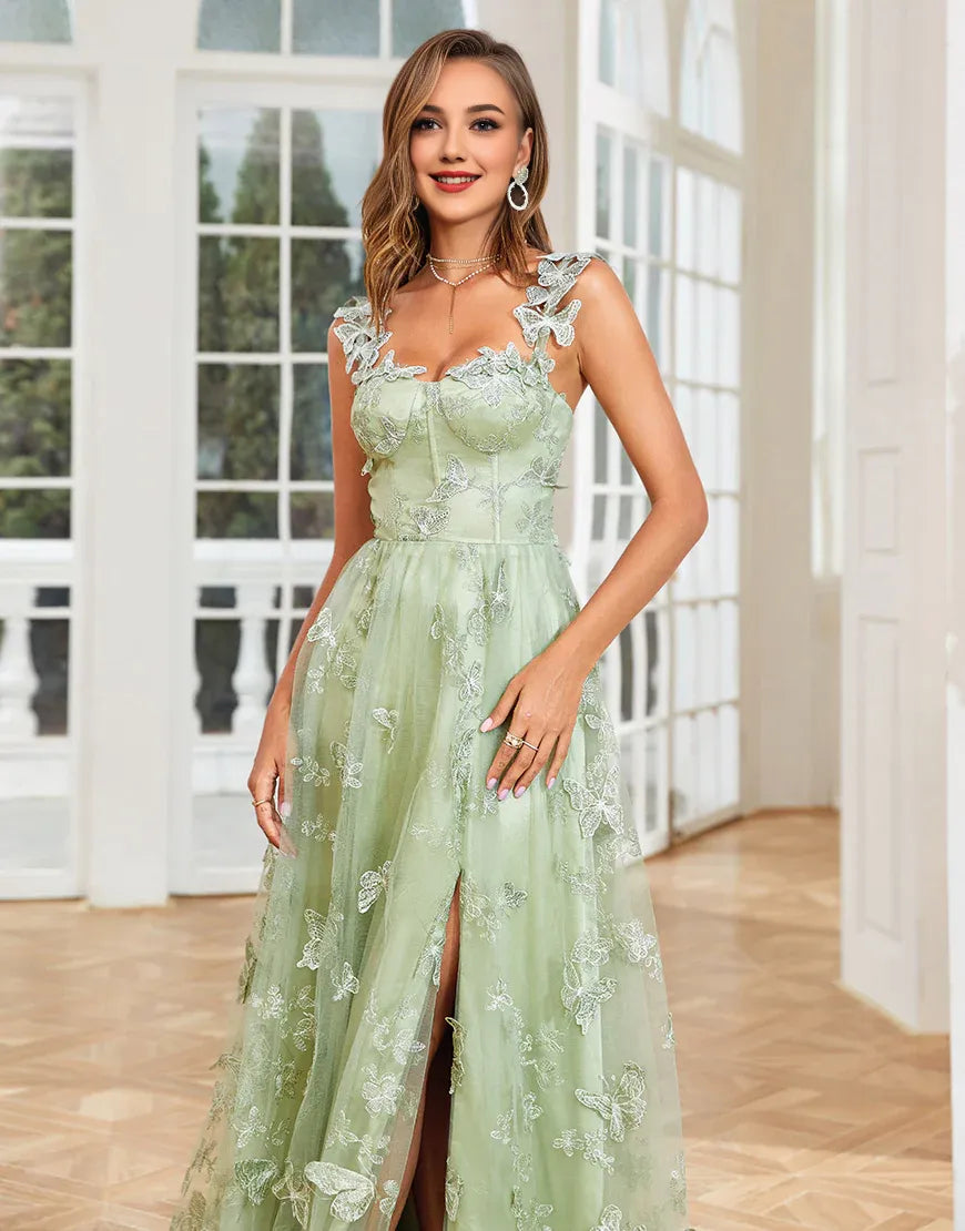 A Line Butterflies Appliques Green Long Prom Dress With Slit