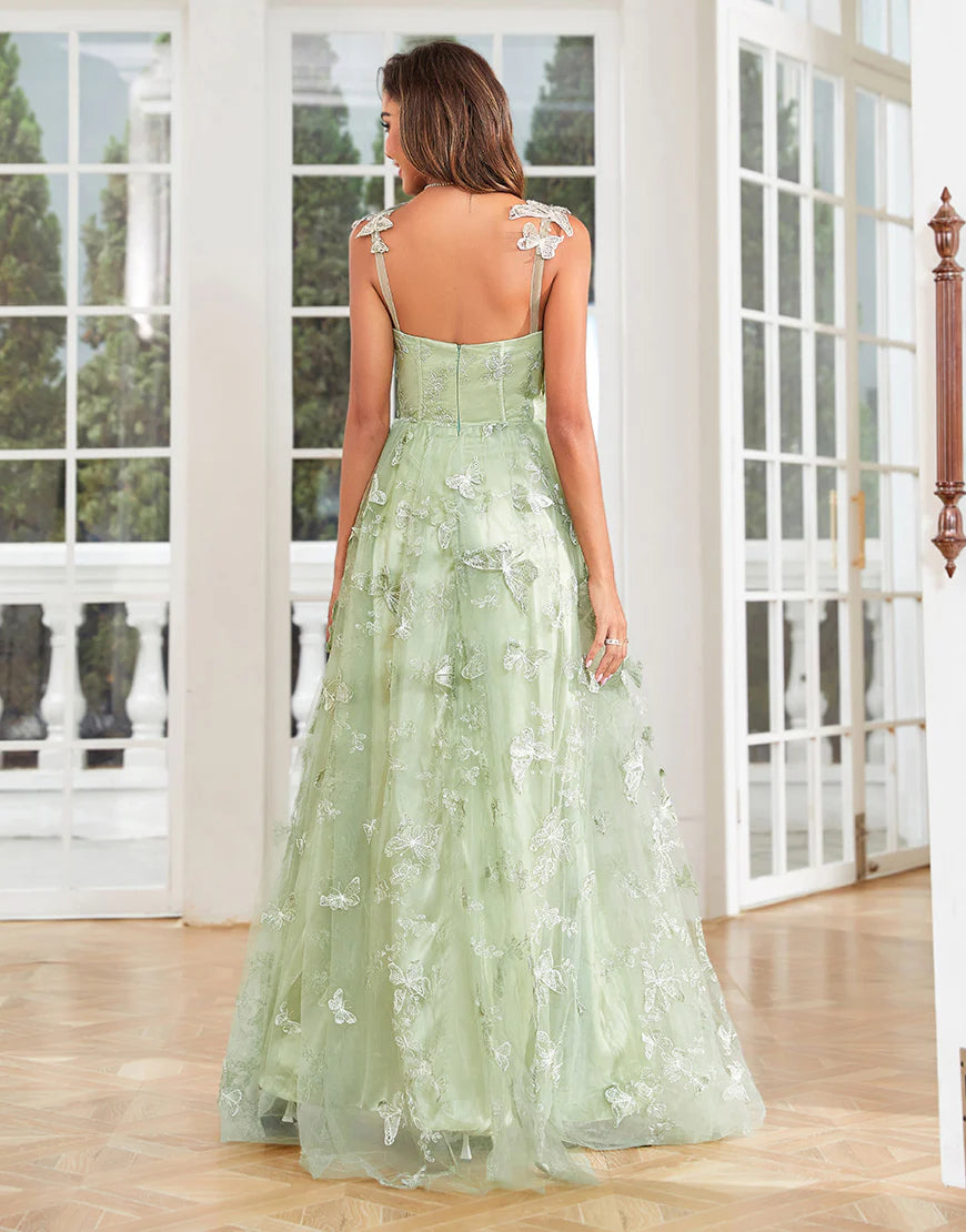 A Line Butterflies Appliques Green Long Prom Dress With Slit