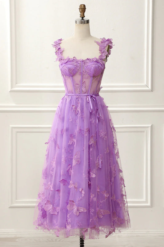 A-Line Lace Tulle Corset Knee-Length Prom Dress With 3D Butterflies Beautiful