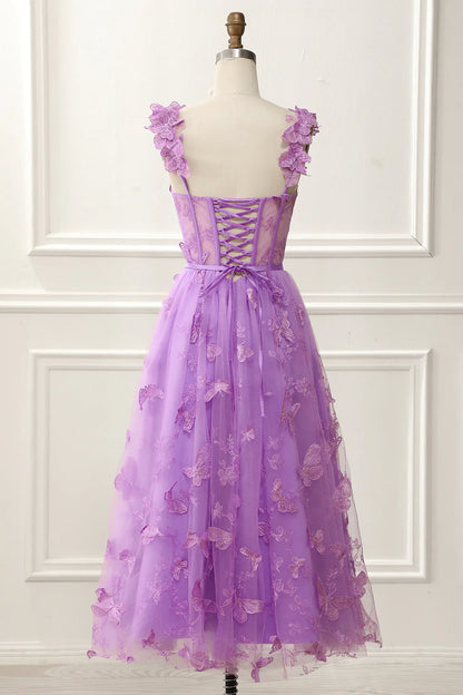 A-Line Lace Tulle Corset Knee-Length Prom Dress With 3D Butterflies Beautiful