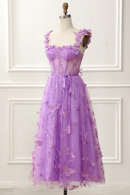 A-Line Lace Tulle Corset Knee-Length Prom Dress With 3D Butterflies Beautiful