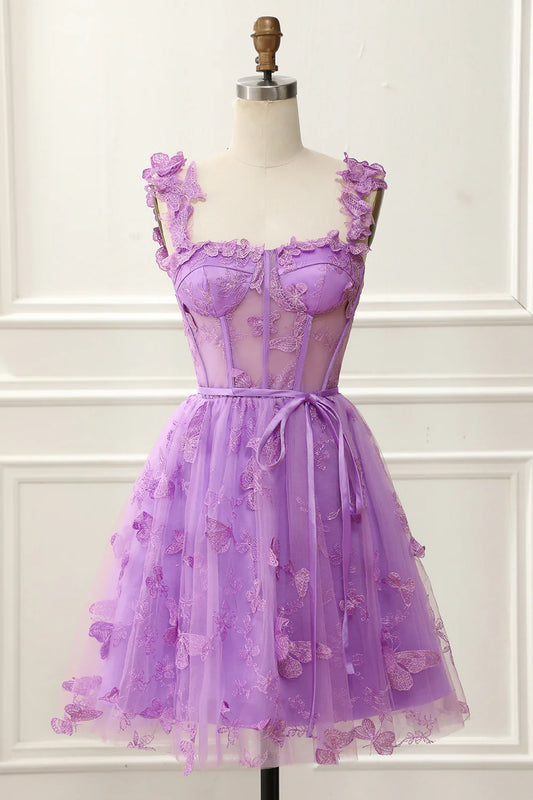 A-line Short Tulle 3D Butterflies Homecoming Dress Laces Applique Short Sweetheart Cocktail Party Gowns