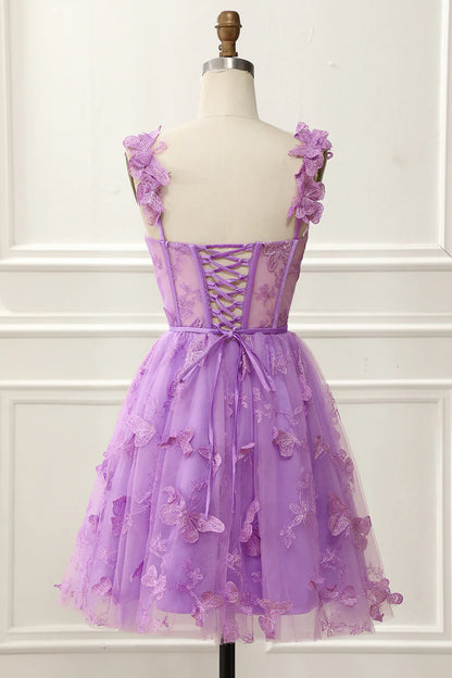 A-line Short Tulle 3D Butterflies Homecoming Dress Laces Applique Short Sweetheart Cocktail Party Gowns