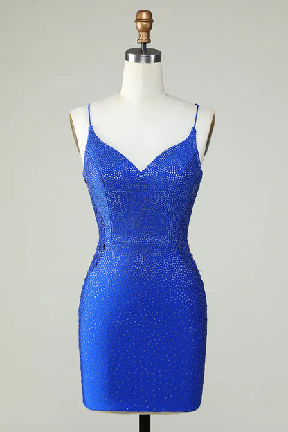 Royal Blue Beaded Spaghetti Straps Tight Homecoming Dress