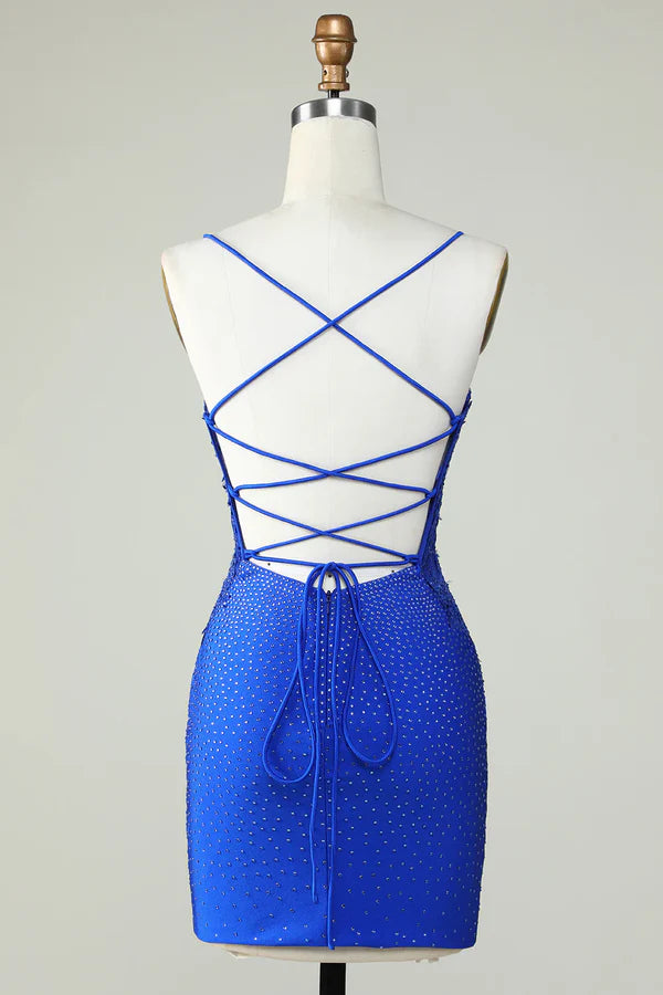 Royal Blue Beaded Spaghetti Straps Tight Homecoming Dress