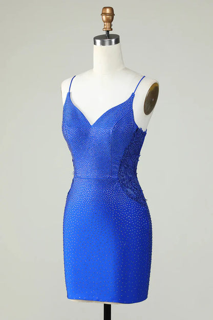 Royal Blue Beaded Spaghetti Straps Tight Homecoming Dress