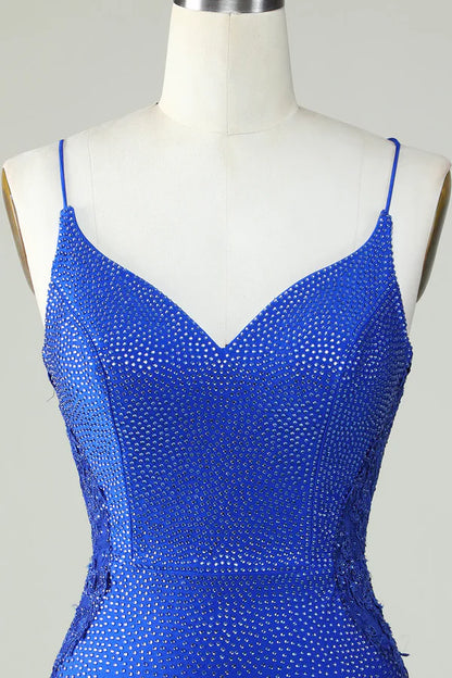 Royal Blue Beaded Spaghetti Straps Tight Homecoming Dress