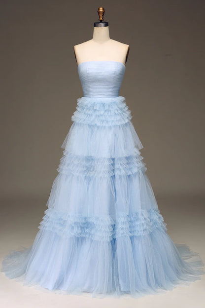 Prom Dresses Wedding Guest Evening Party Court Train Tulle Light Blue  Train Sleeveless Tulle Prom Dress with Slit