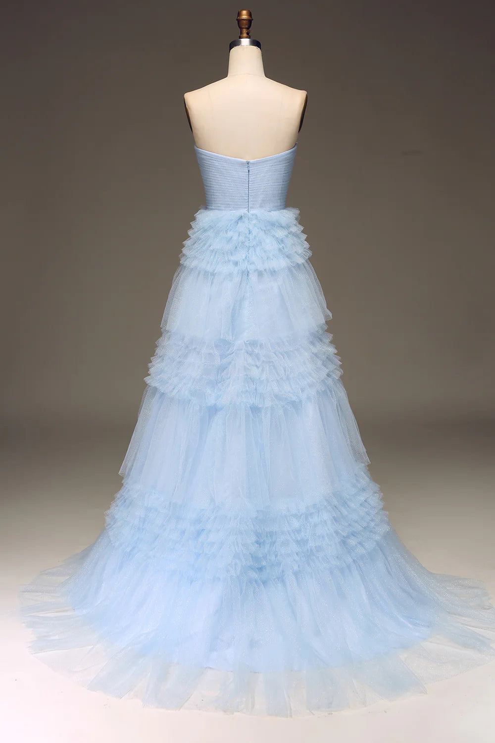 Prom Dresses Wedding Guest Evening Party Court Train Tulle Light Blue  Train Sleeveless Tulle Prom Dress with Slit