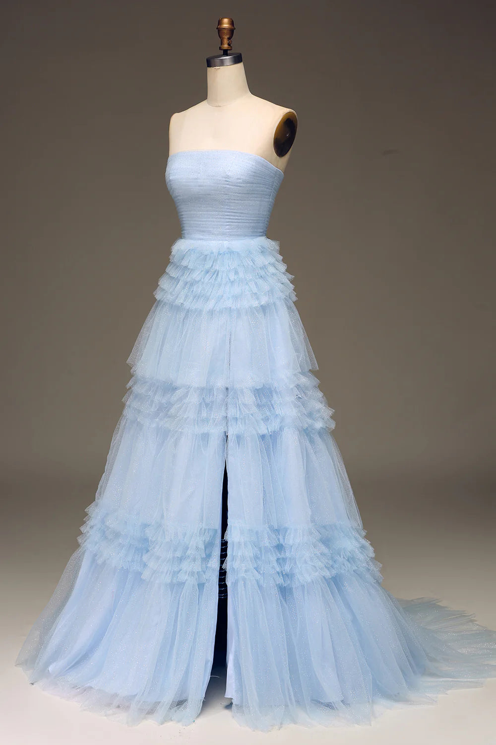 Prom Dresses Wedding Guest Evening Party Court Train Tulle Light Blue  Train Sleeveless Tulle Prom Dress with Slit