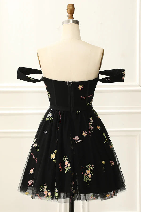 Off The Shoulder Cute Homecoming Tulle Dress With Embroidery