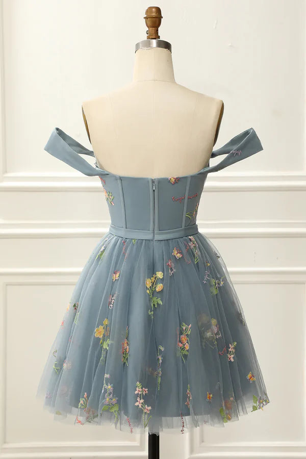 Off The Shoulder Cute Homecoming Tulle Dress With Embroidery