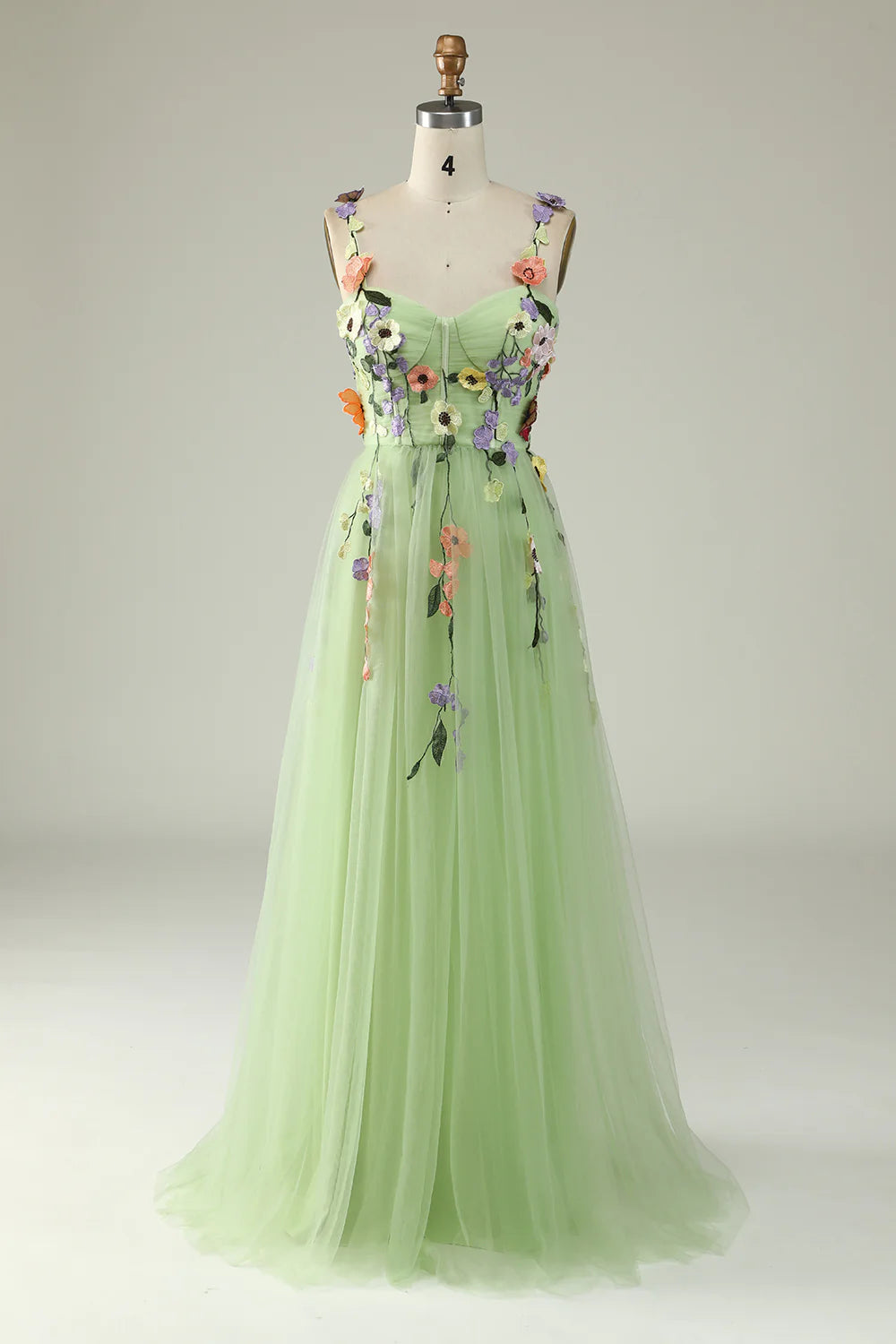 Sweetheart Spaghetti Straps  Lilac Champagne Tulle Prom Dress With 3D Flowers
