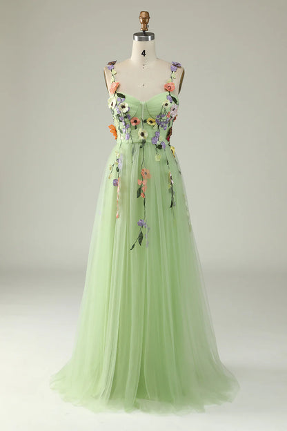 Sweetheart Spaghetti Straps  Lilac Champagne Tulle Prom Dress With 3D Flowers