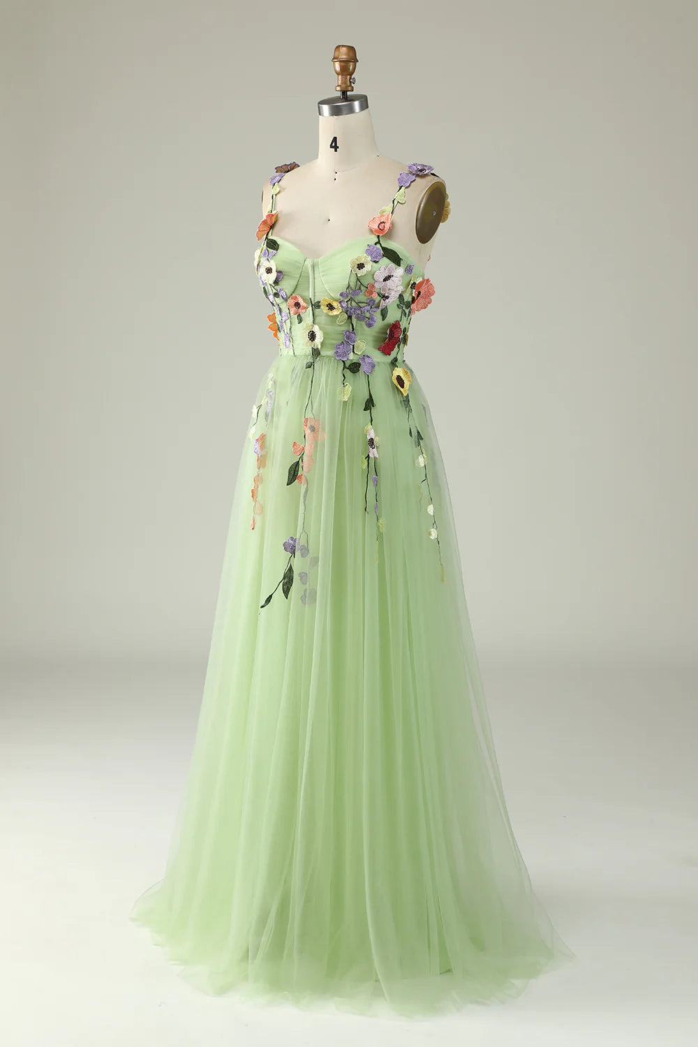 Sweetheart Spaghetti Straps  Lilac Champagne Tulle Prom Dress With 3D Flowers