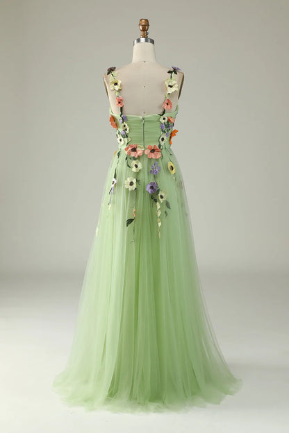 Sweetheart Spaghetti Straps  Lilac Champagne Tulle Prom Dress With 3D Flowers