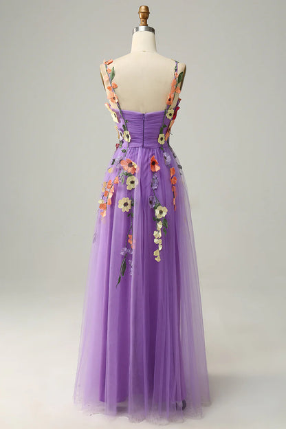Sweetheart Spaghetti Straps  Lilac Champagne Tulle Prom Dress With 3D Flowers
