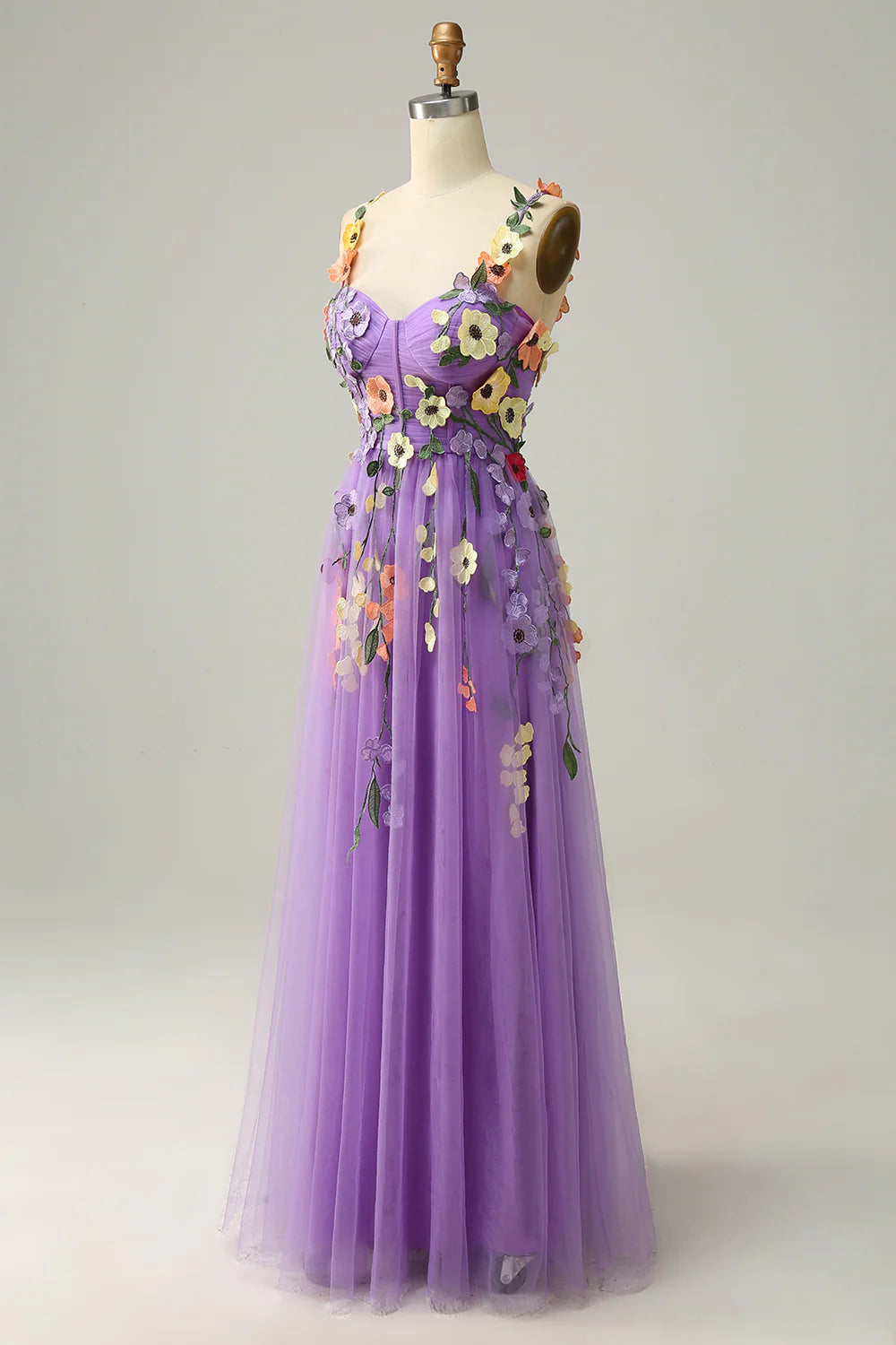Sweetheart Spaghetti Straps  Lilac Champagne Tulle Prom Dress With 3D Flowers