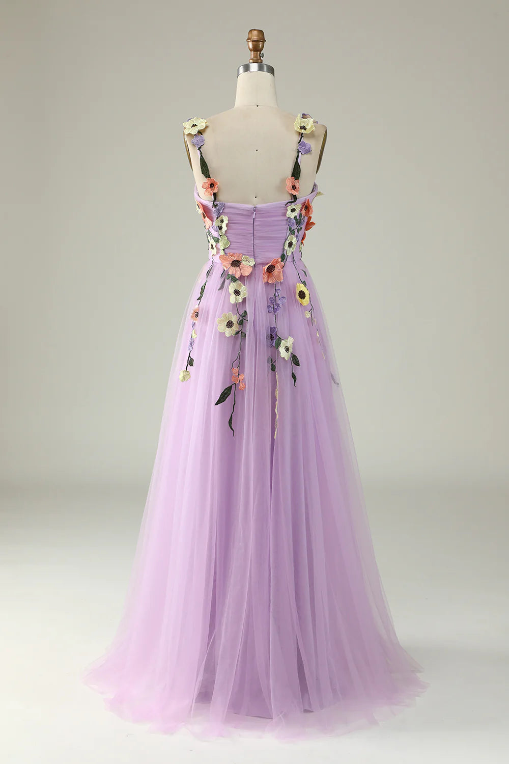 Sweetheart Spaghetti Straps  Lilac Champagne Tulle Prom Dress With 3D Flowers