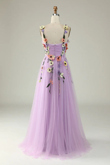 Sweetheart Spaghetti Straps  Lilac Champagne Tulle Prom Dress With 3D Flowers