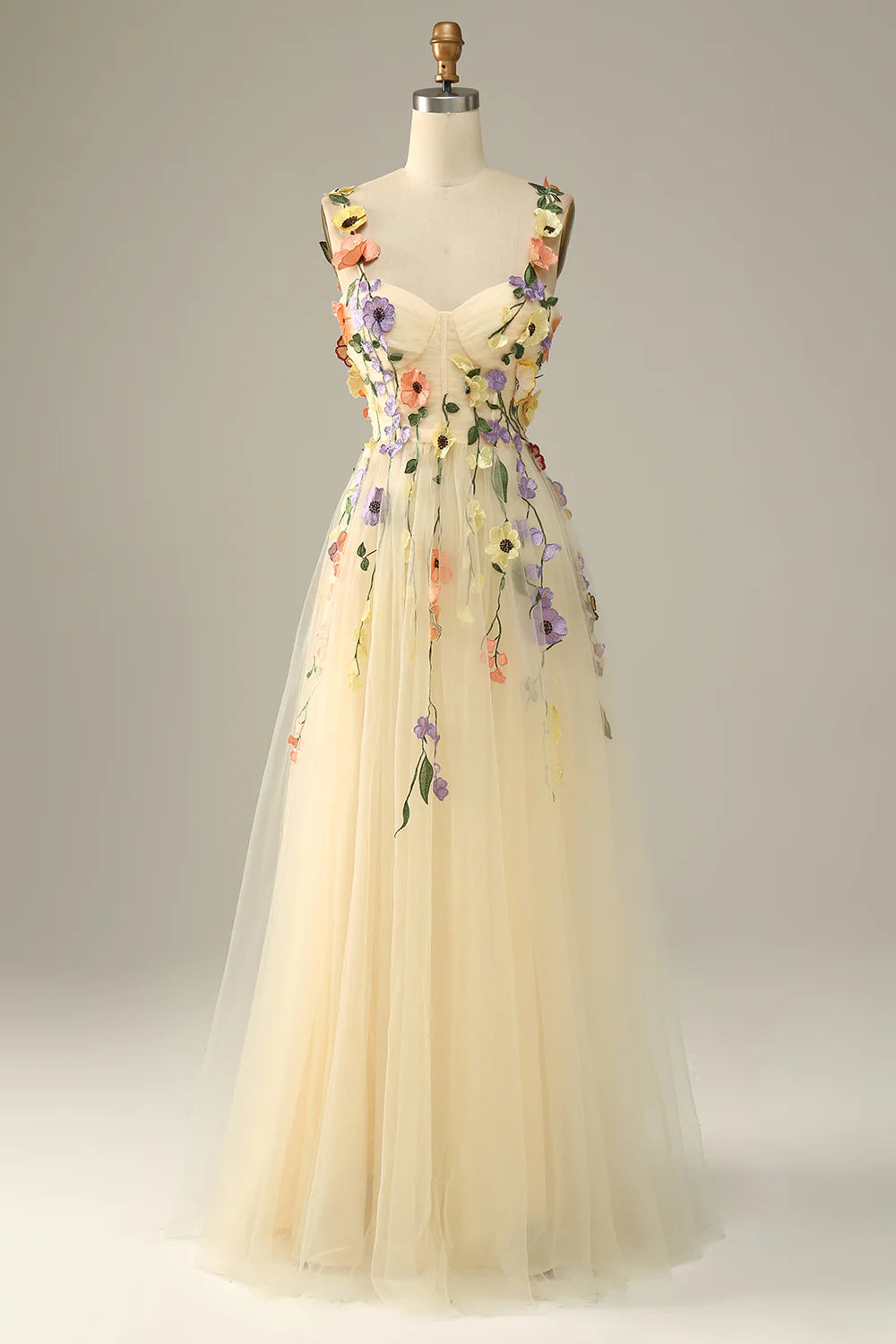 Sweetheart Spaghetti Straps  Lilac Champagne Tulle Prom Dress With 3D Flowers